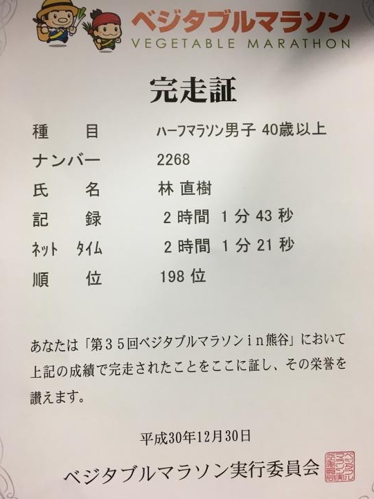 ベジタブルマラソンin熊谷大会完走証*